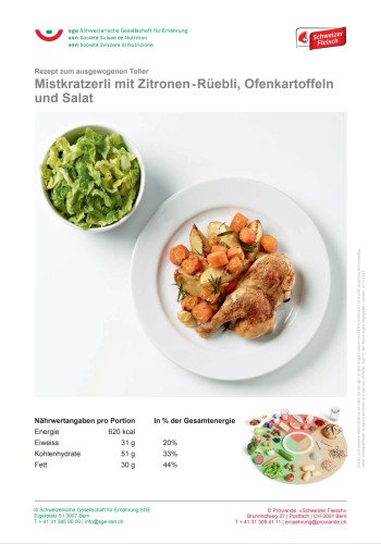 Mistkratzerli mit Zitronen-Rüebli, Ofenkartoffeln und Salat