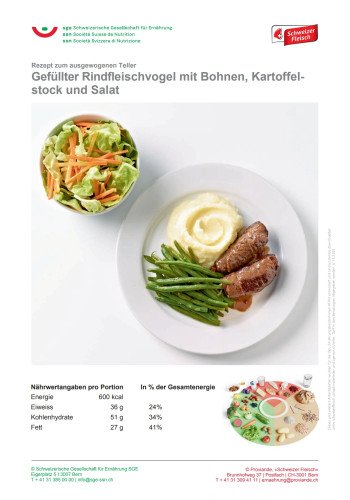 Gefüllter Rindfleischvogel mit Bohnen, Kartoffelstock und Salat