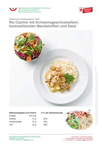 Riz Casimir mit Schweinsgeschnetzeltem, karamellisierten Mandelstiften und Salat