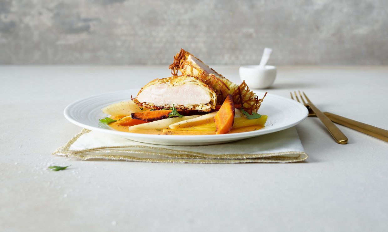 Pouletbrust im Kartoffel-Mantel mit Gemüse - Schweizer Fleisch