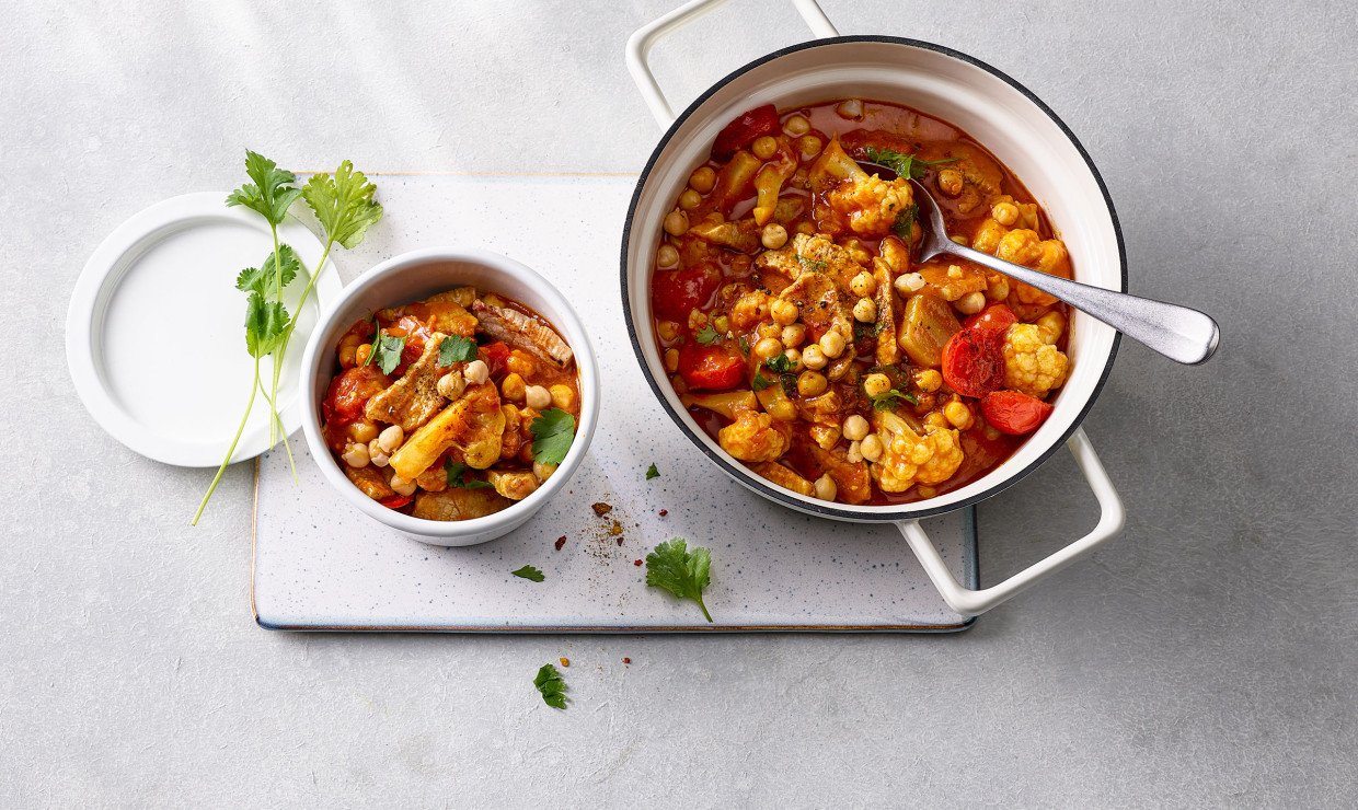 Blumenkohl Curry mit Erbsen und Kalbsfleisch