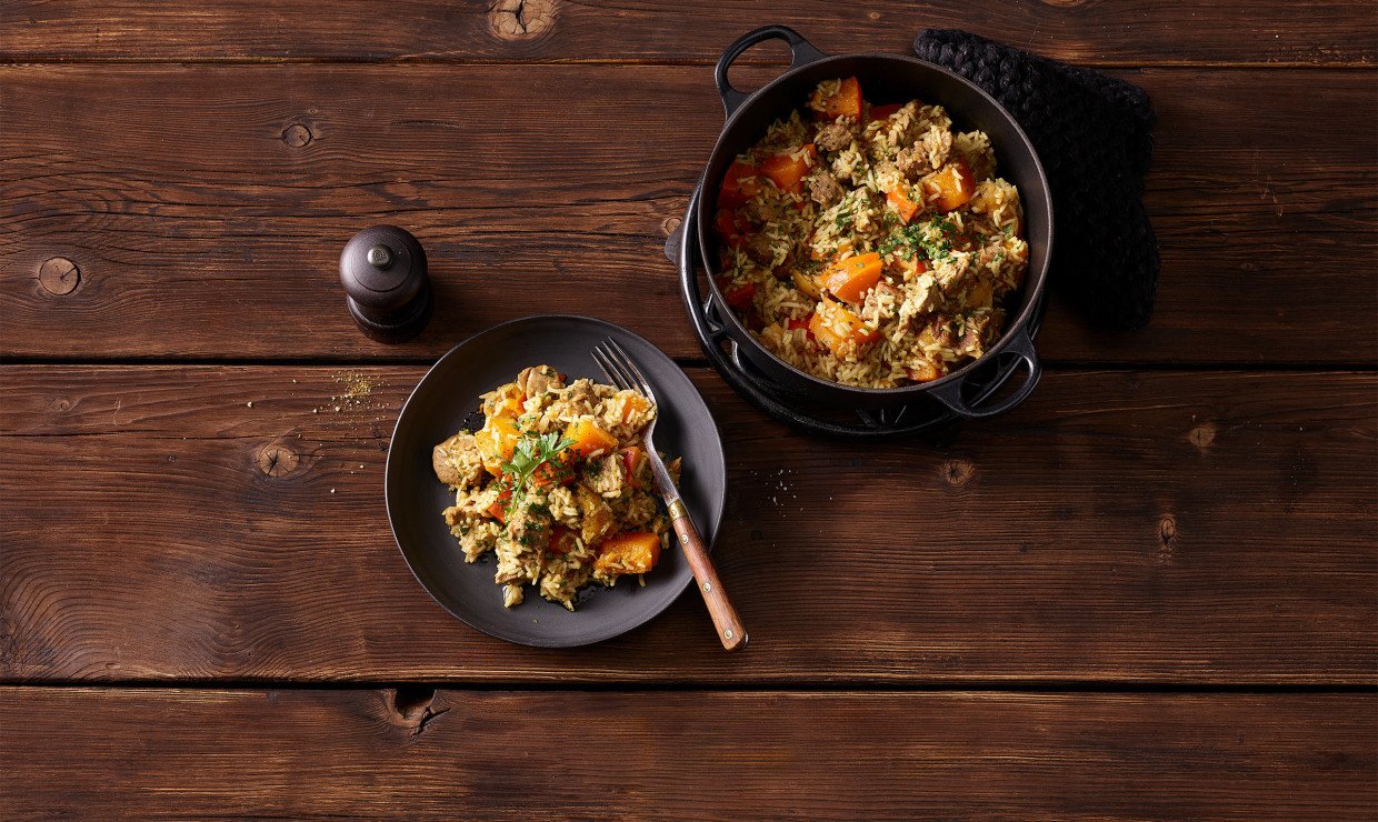 Würziger Pilaw mit Kürbis und Kalbsfleisch