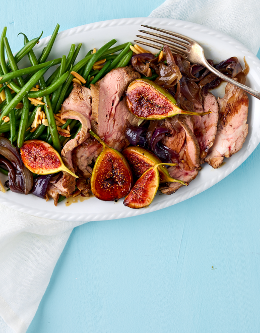 Kalbsbraten an Balsamico-Feigen mit Bohnen-Mandelsalat