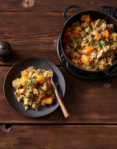 Würziger Pilaw mit Kürbis und Kalbsfleisch